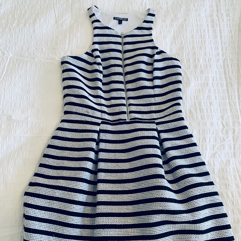 Tweed, black and white striped dress with pockets